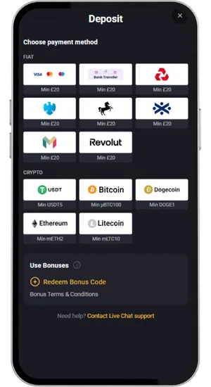 Deposit screen showing card, bank transfer and e-wallet options with a minimum of £10